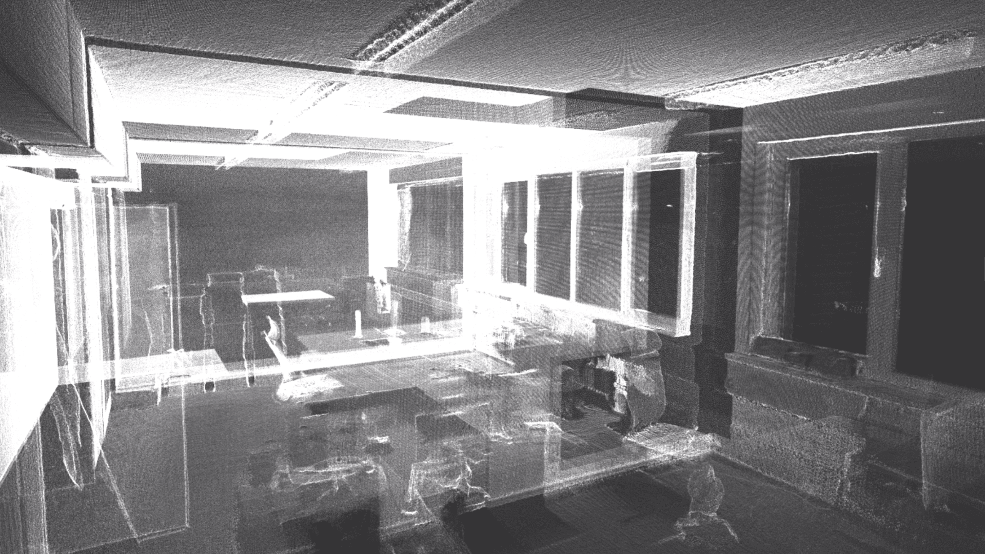 Punktwolke eines Büroraums mit Fensterfront aus einem 3D-Laserscan